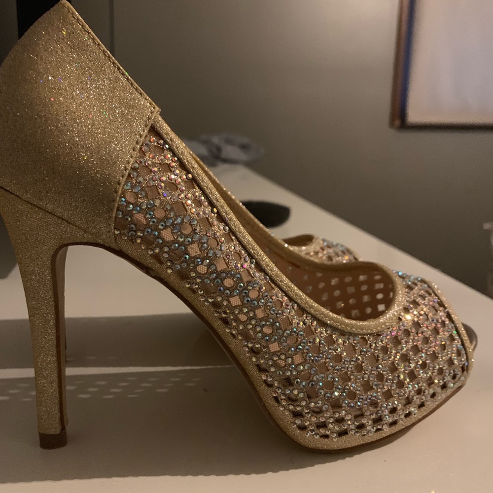 Golden and silver sparkly peep toe high heels